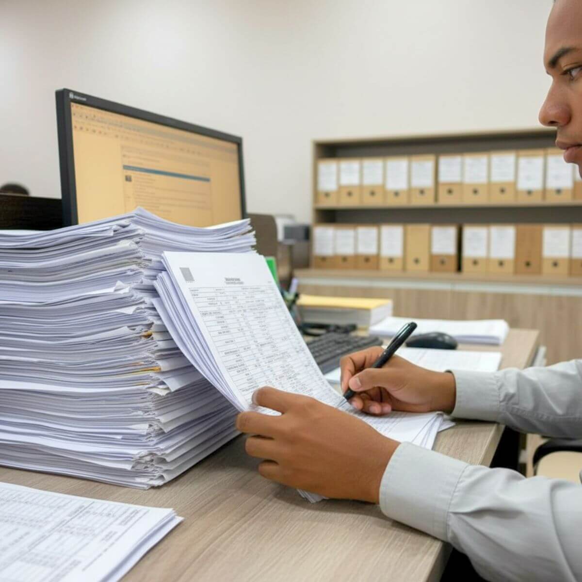 Gestão de contabilidade para empresas em Mato Grosso, ilustrada por mãos manuseando grande volume de relatórios e documentos fiscais.