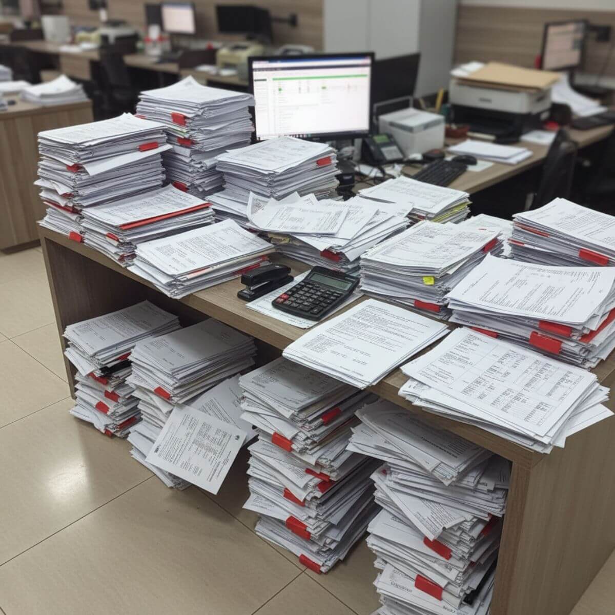 Mesa de trabalho com grande volume de documentos organizados, demonstrando a capacidade de atendimento do escritório.