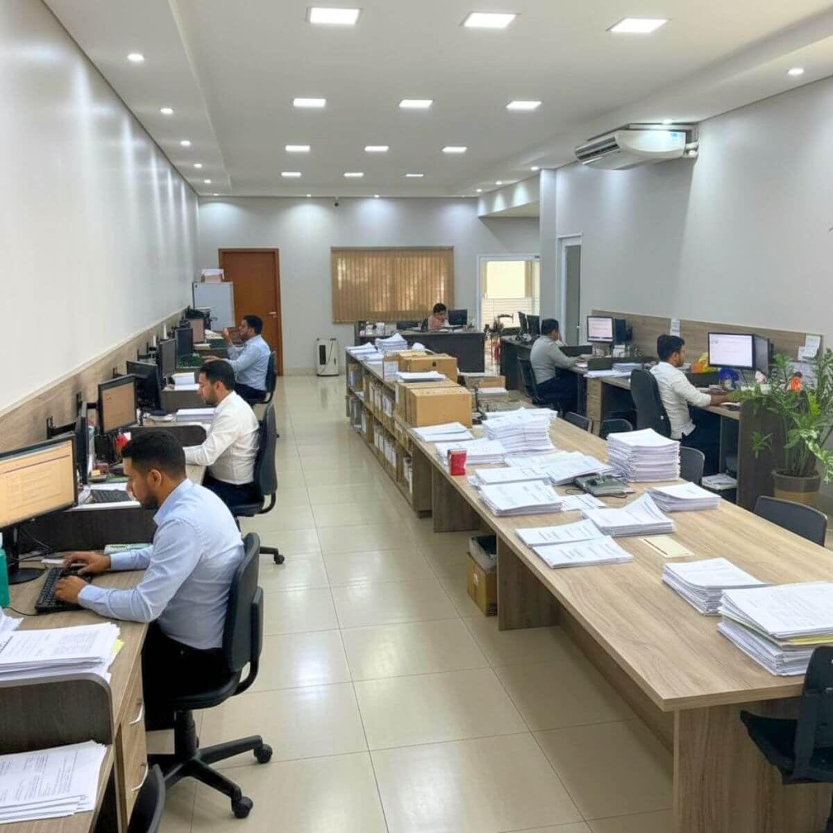 Equipe de contadores trabalhando em escritório amplo e organizado, focada na preparação e envio da declaração de Imposto de Renda (IRPF e IRPJ).