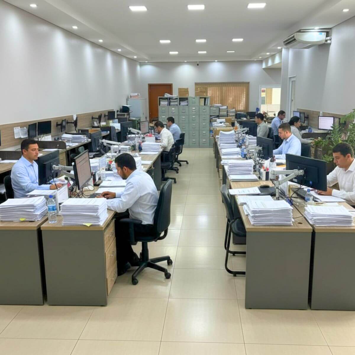 Departamento fiscal e pessoal em plena atividade, com estrutura moderna e computadores para cada colaborador.