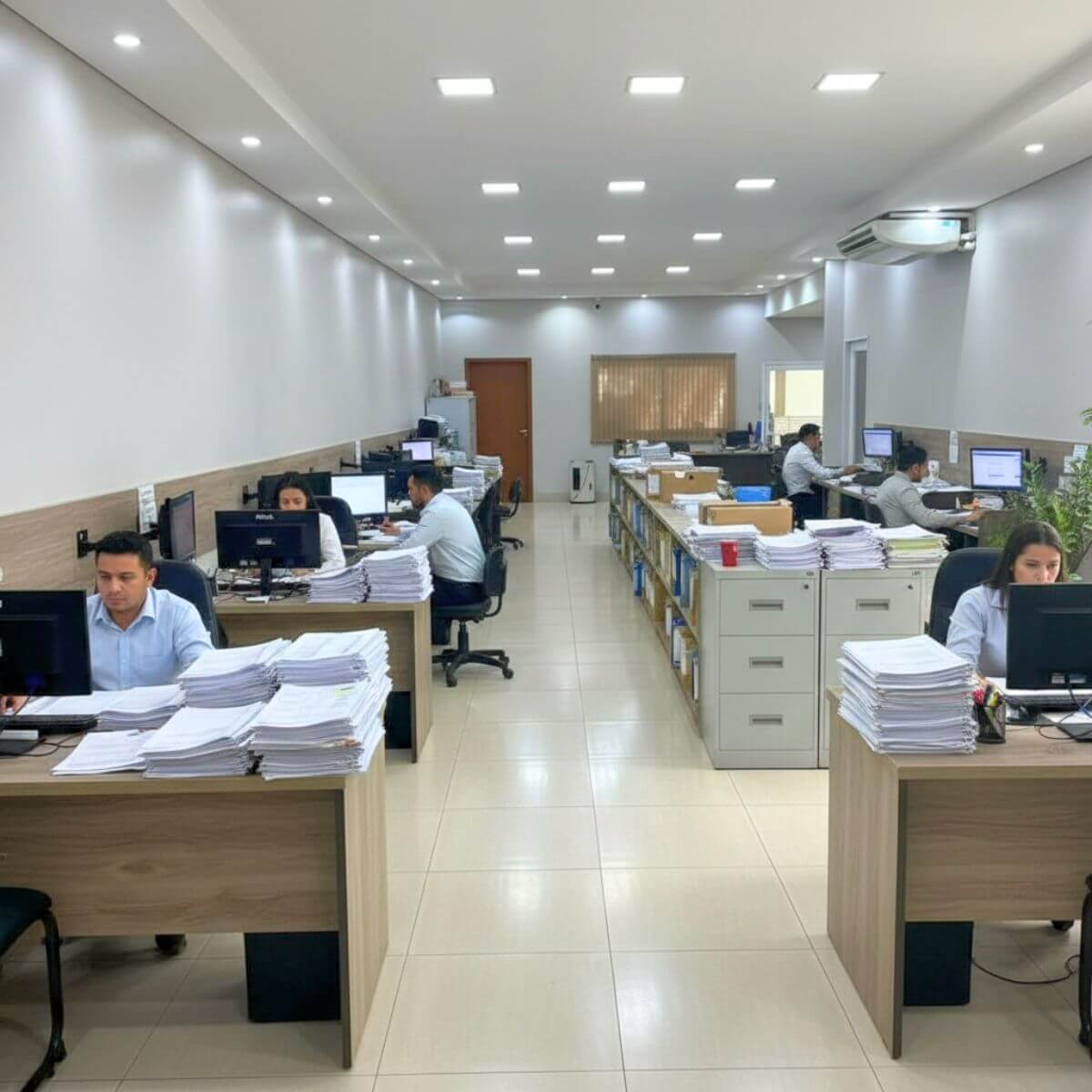 Perspectiva central do escritório mostrando a dimensão da equipe pronta para atender demandas complexas.